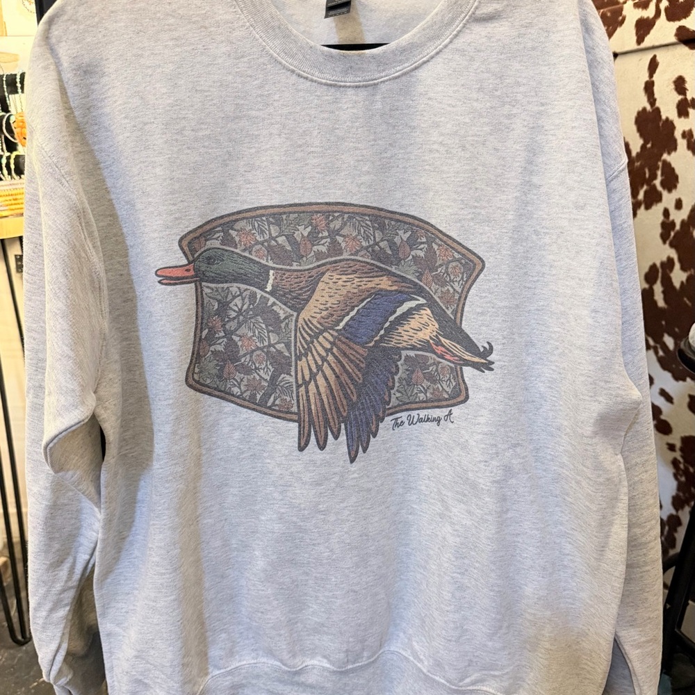 Light Gray Crewneck Sweatshirt with Flying Duck Graphic